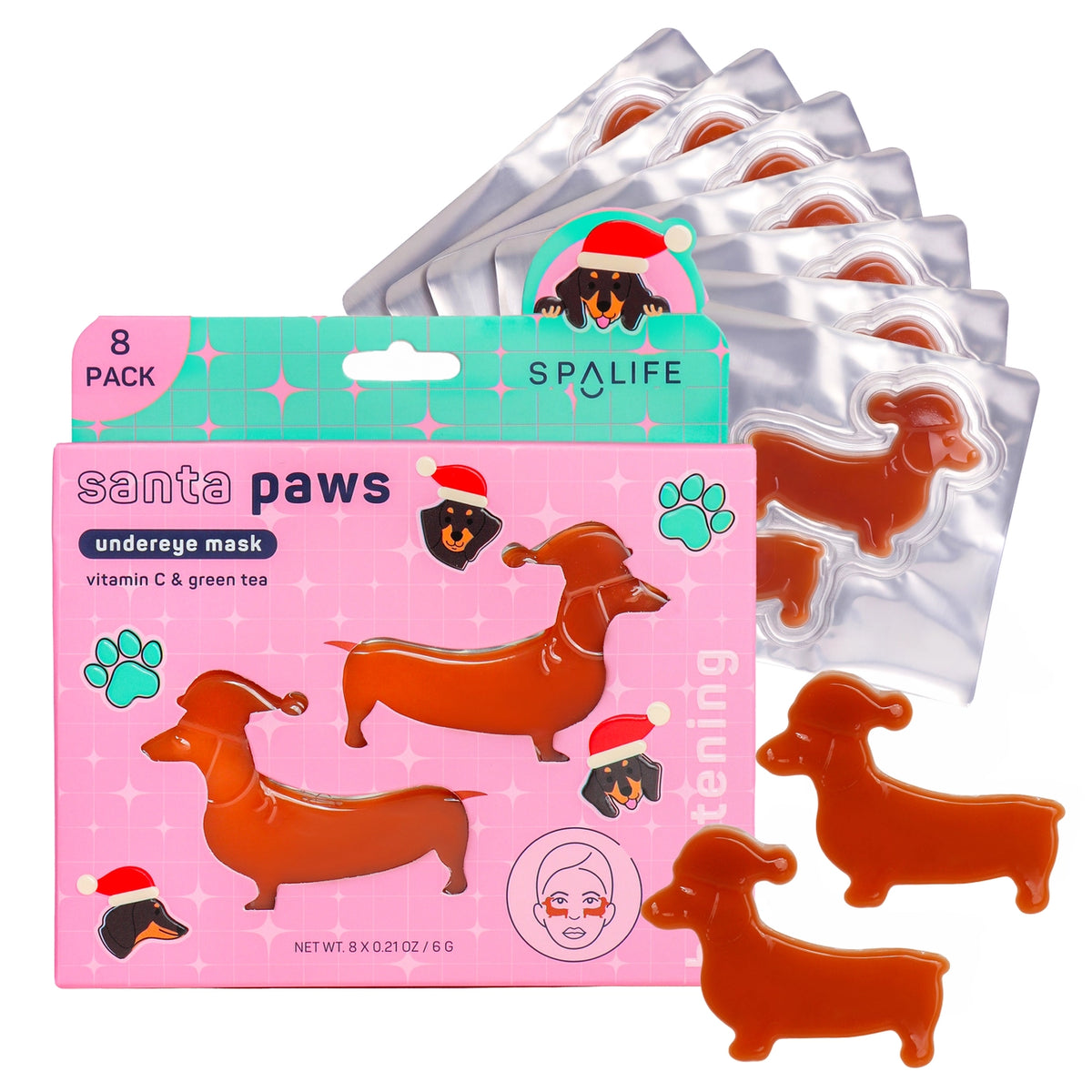 Spalife Santa Paws Undereye Mask 8-pack, featuring pink packaging with dachshund illustrations and several orange-brown undereye mask pads displayed in front and behind the box.