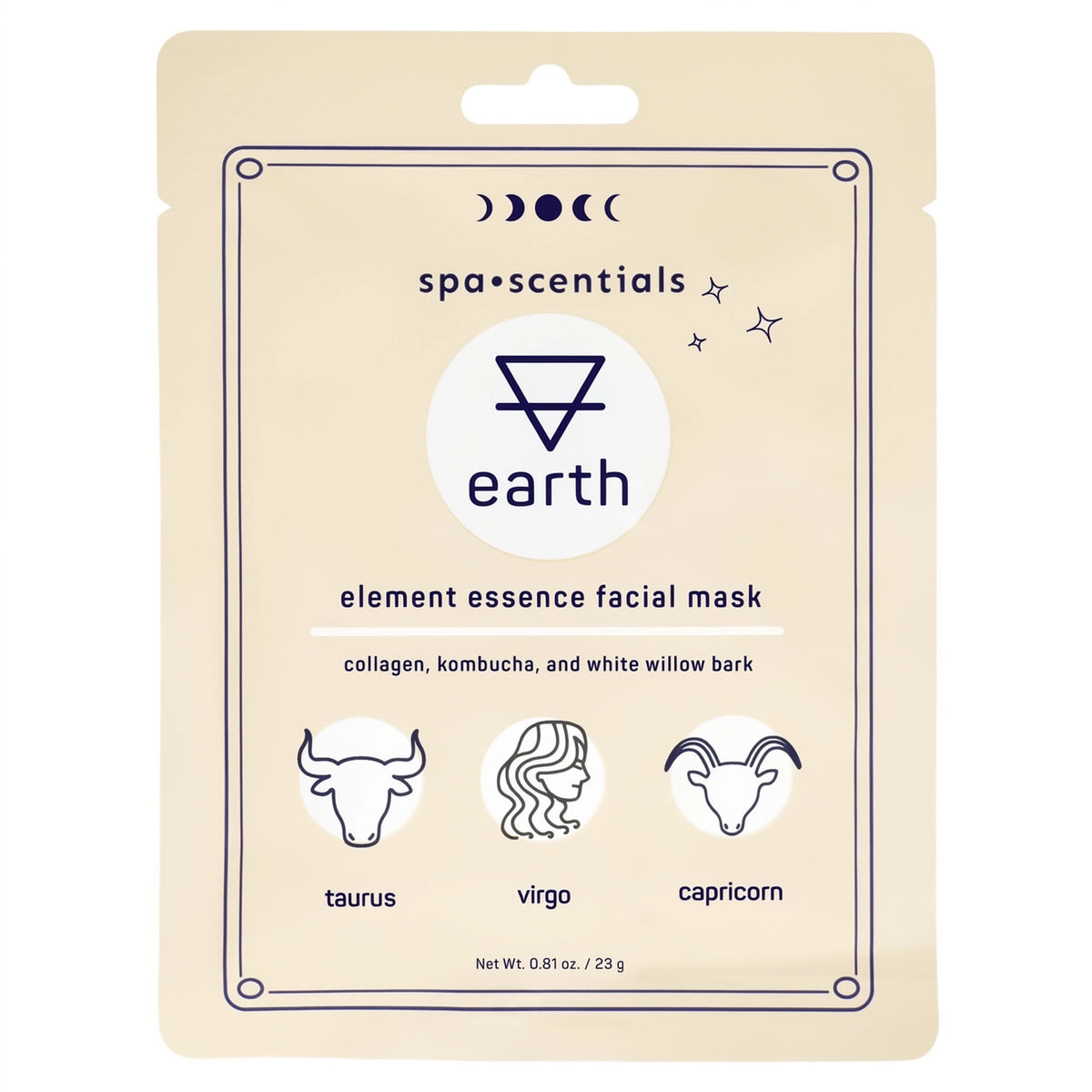 A cream-colored stand-up pouch of spa•scentsials earth Element Essence Facial Mask, featuring a minimalist design with navy blue text and astrological icons for Taurus, Virgo, and Capricorn.