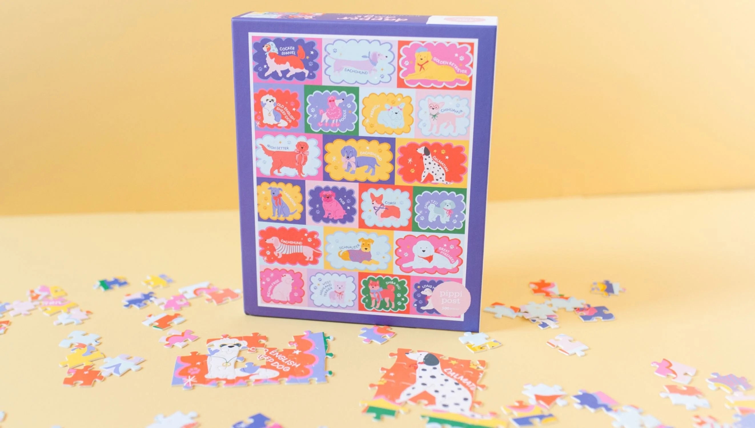 Dog puzzle with animal illustrations on a yellow background