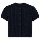 A navy blue short-sleeve cable-knit cardigan sweater with a button-up front, displayed flat against a solid white background.