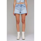 Person wearing light blue denim shorts on a gray background