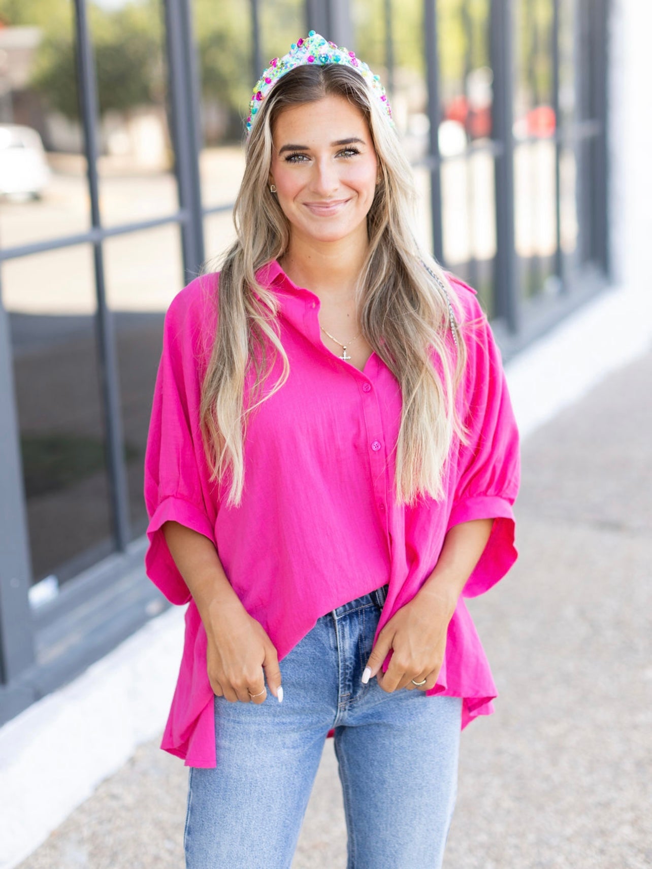 Satin Oversized Button Down - Hot Pink