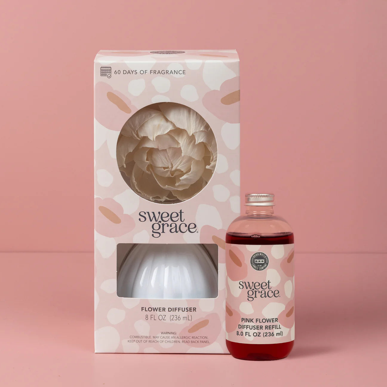 Sweet Grace flower diffuser packaging and bottle on a pink background