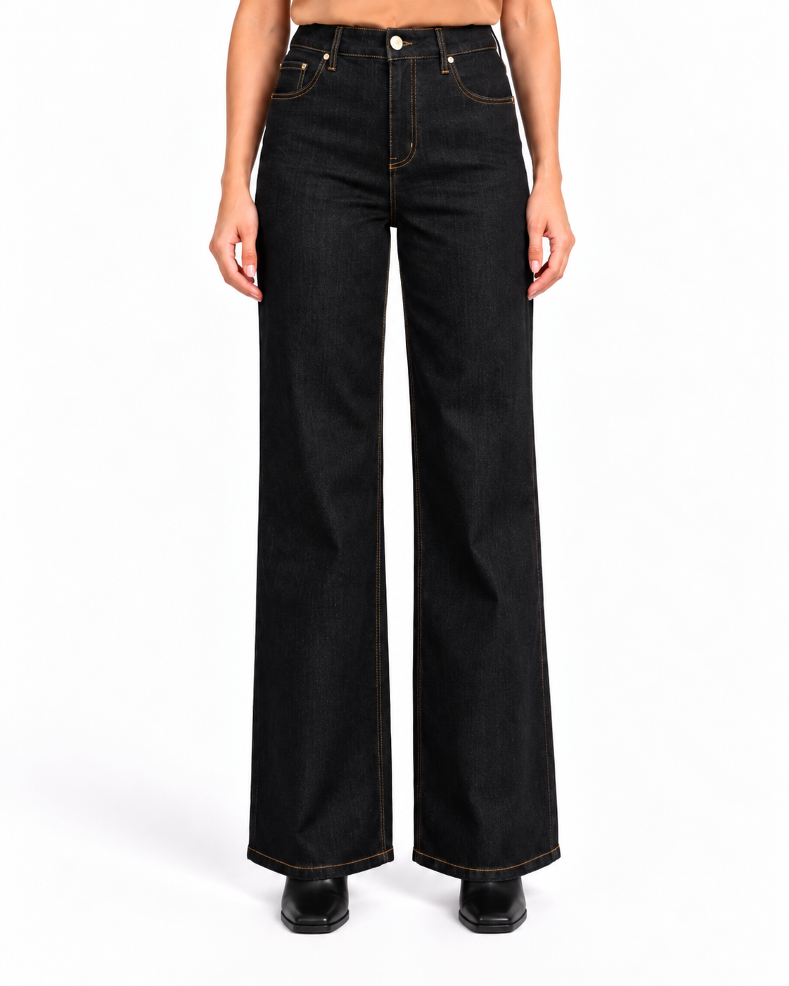 A model wearing a pair of super dark wide-leg denim jeans, shown from the waist down on a solid white background.